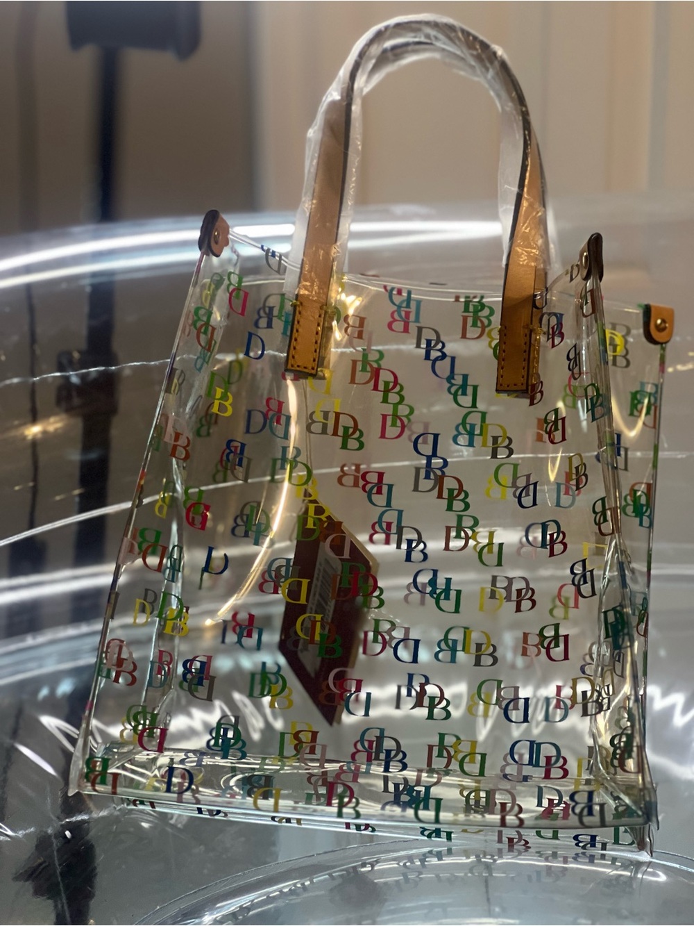 Clear Multicolor Logo Tote Bag with Tan Handles
